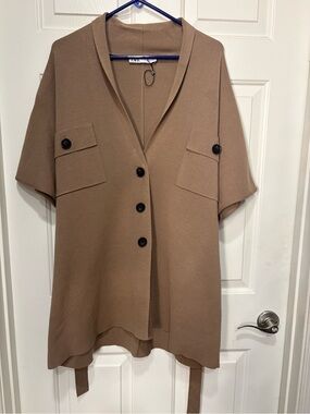 ZARA Camel Brown Short-Sleeve Button Front Tunic Cardigan